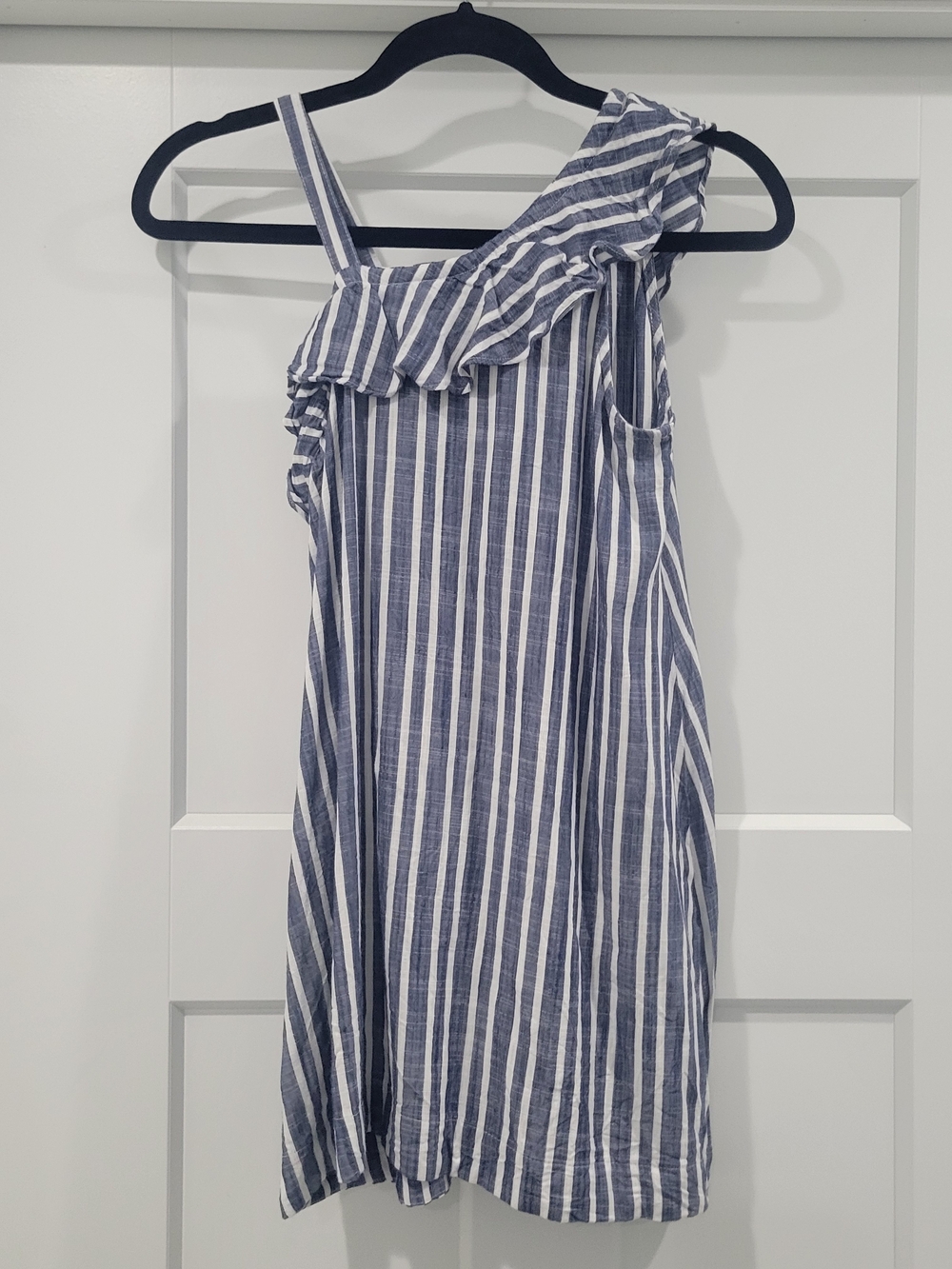 Girls Blue & White One-Shoulder Ruffle Stripe Dress Coastal Summer - Picture 9 of 11